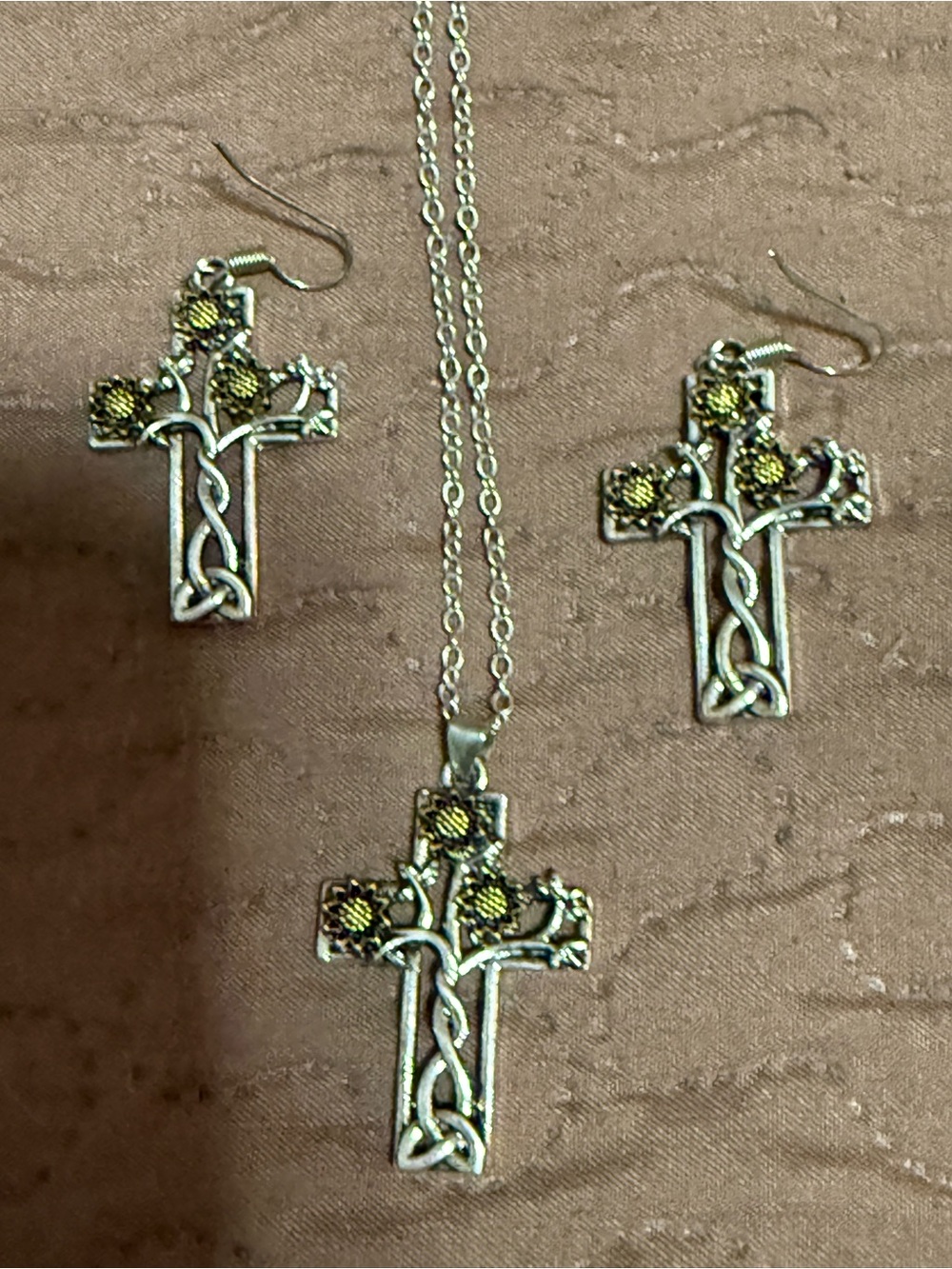 Silver Cross Necklace and Earrings Set with Yellow Sunflowers (18" chain)